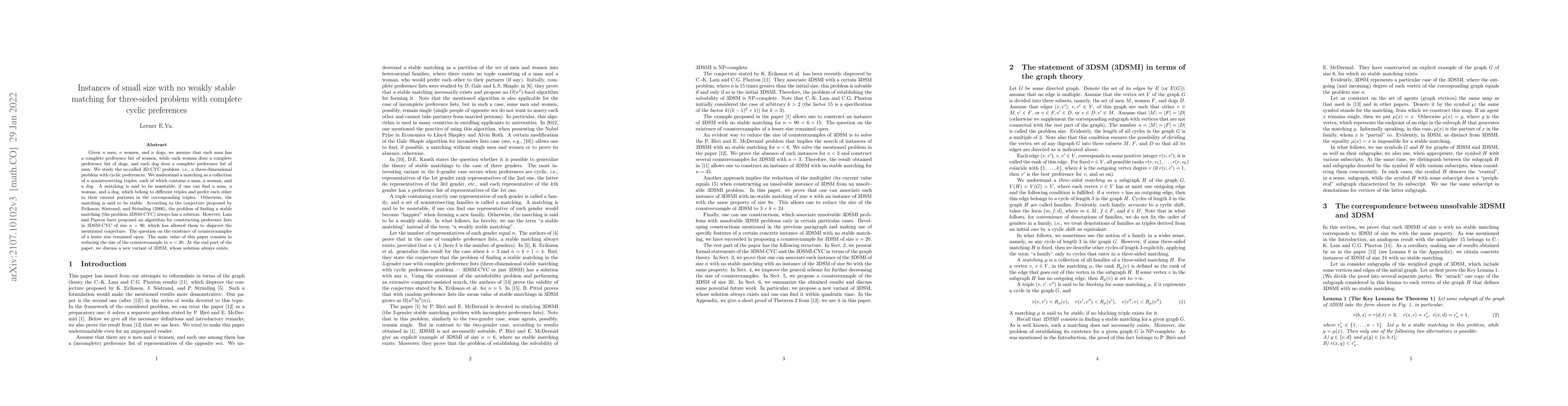 Thumbnail for Instances of small size with no weakly stable matching for three-sided
  problem with complete cyclic preferences