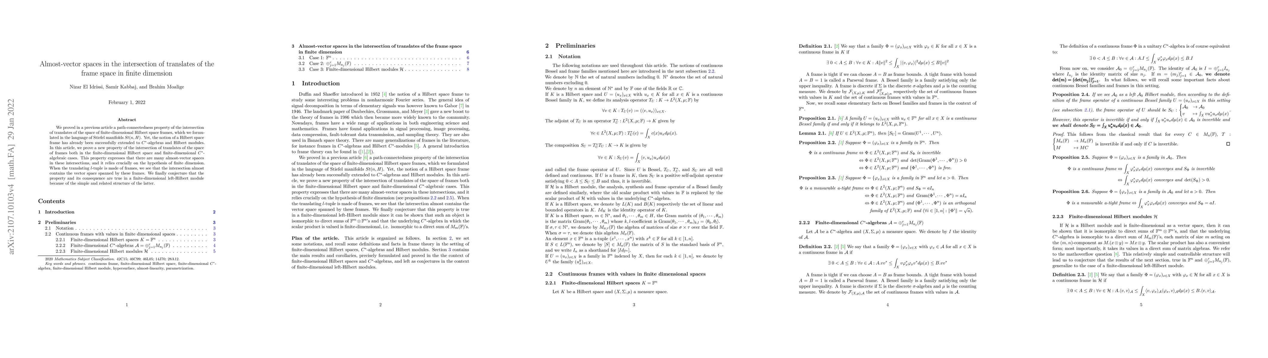 Thumbnail for Almost-vector spaces in the intersection of translates of the frame
  space in finite dimension