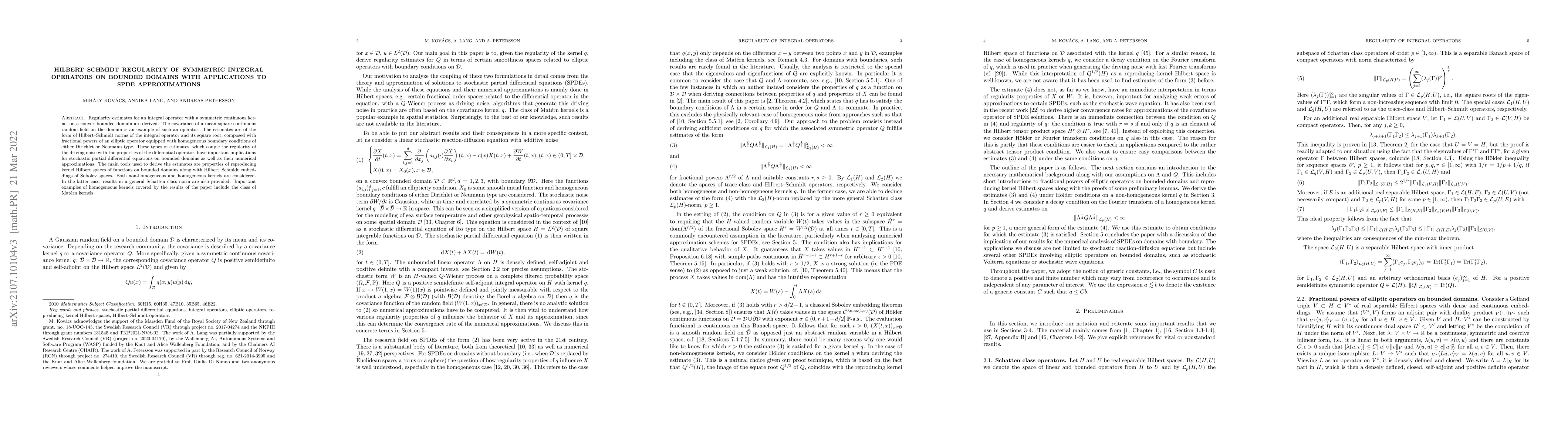 Thumbnail for Hilbert--Schmidt regularity of symmetric integral operators on bounded
  domains with applications to SPDE approximations