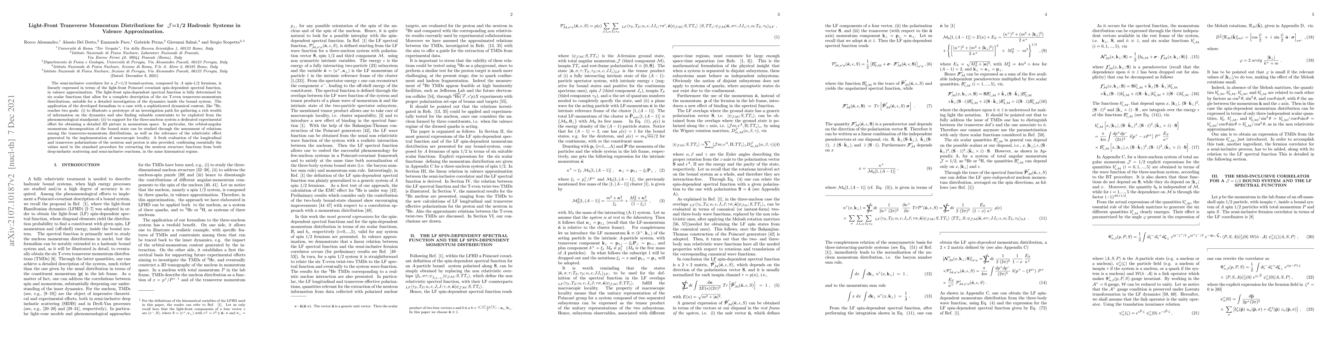 Thumbnail for Light-Front Transverse Momentum Distributions for ${\cal J}$=1/2
  Hadronic Systems in Valence Approximation
