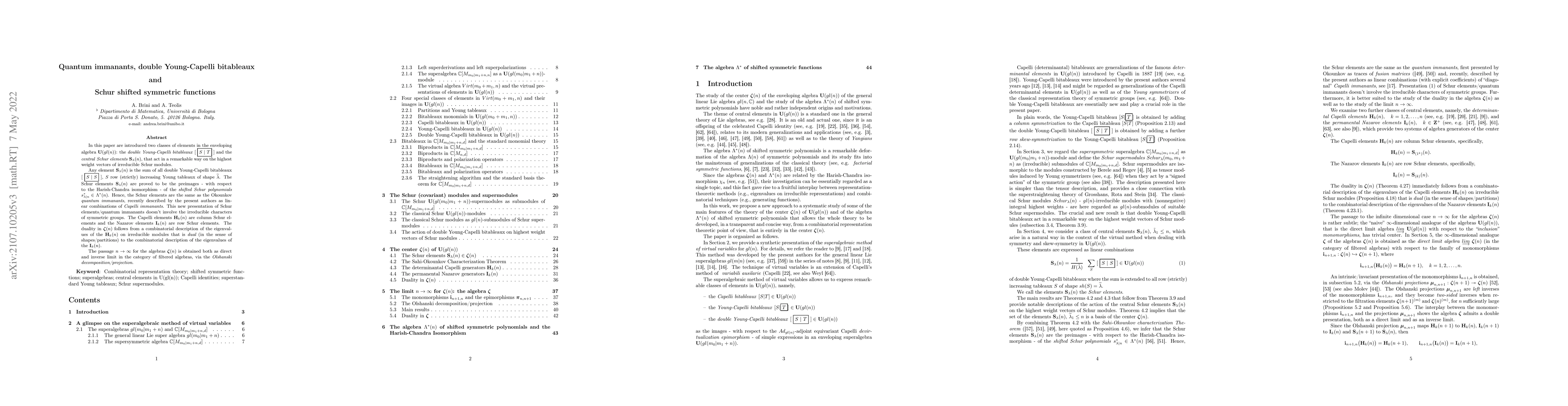 Thumbnail for Quantum immanants, double Young-Capelli bitableaux and Schur shifted
  symmetric functions