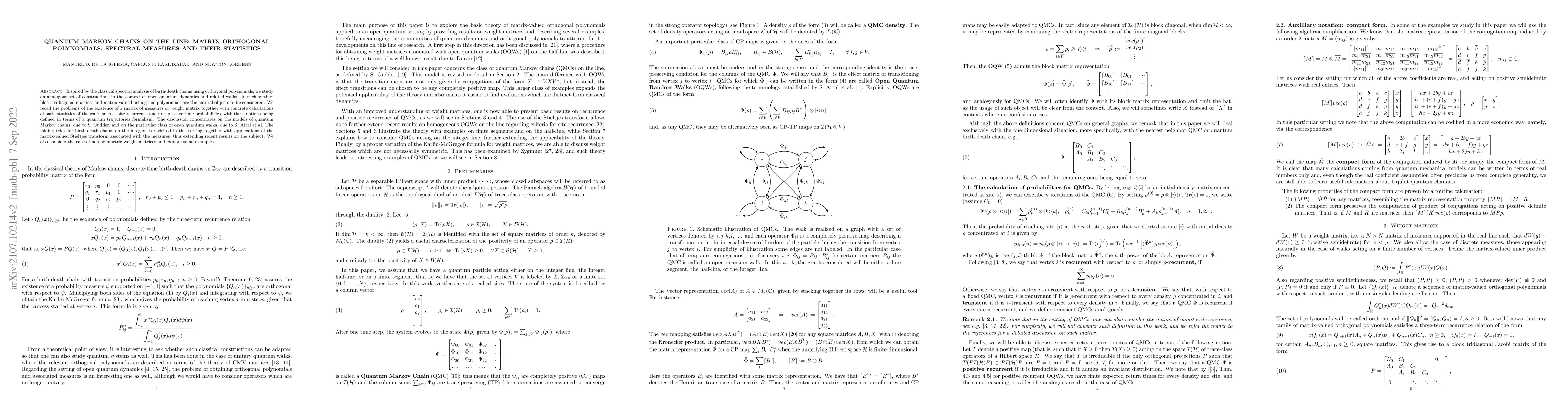 Thumbnail for Quantum Markov chains on the line: matrix orthogonal polynomials,
  spectral measures and their statistics