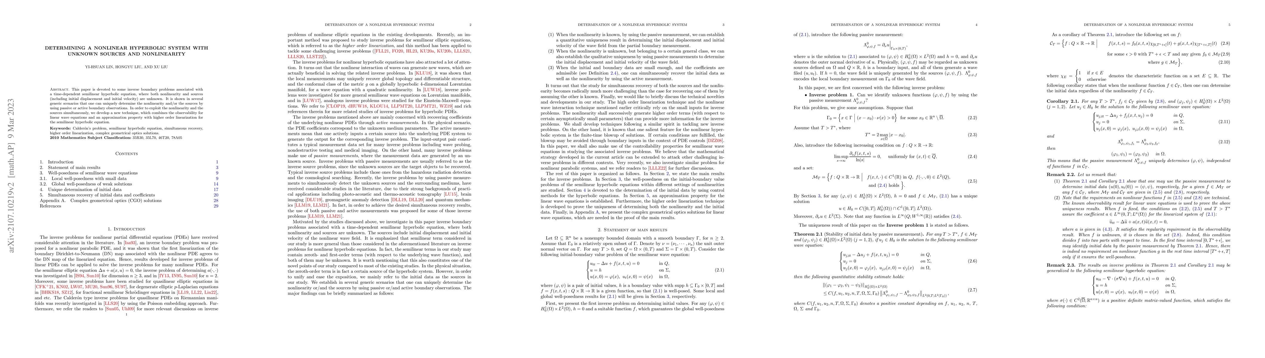Thumbnail for Determining a nonlinear hyperbolic system with unknown sources and
  nonlinearity