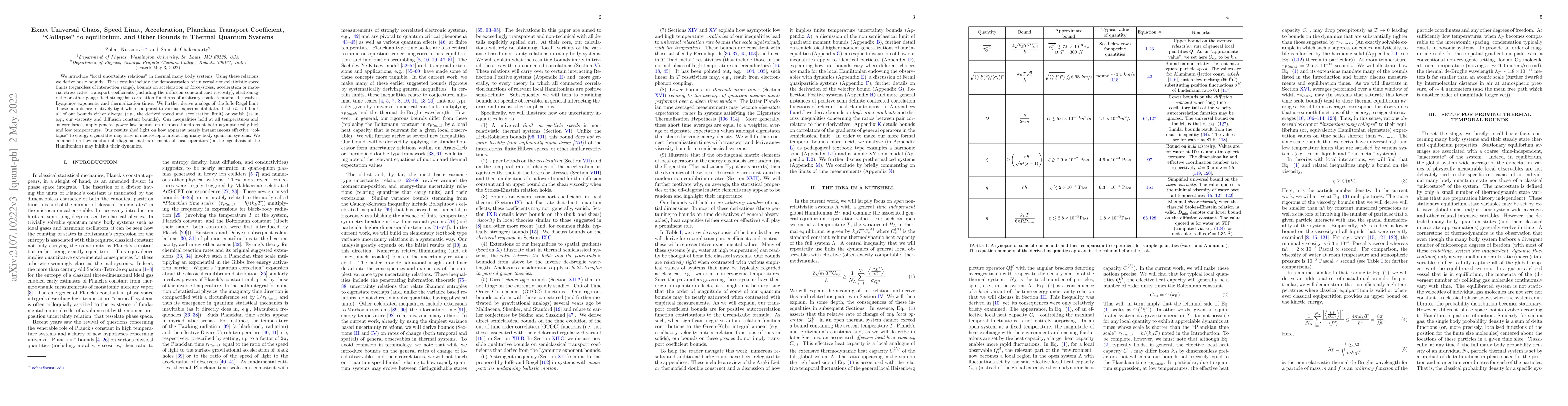 Thumbnail for Exact Universal Chaos, Speed Limit, Acceleration, Planckian Transport
  Coefficient, "Collapse" to equilibrium, and Other Bounds in Thermal Quantum
  Systems
