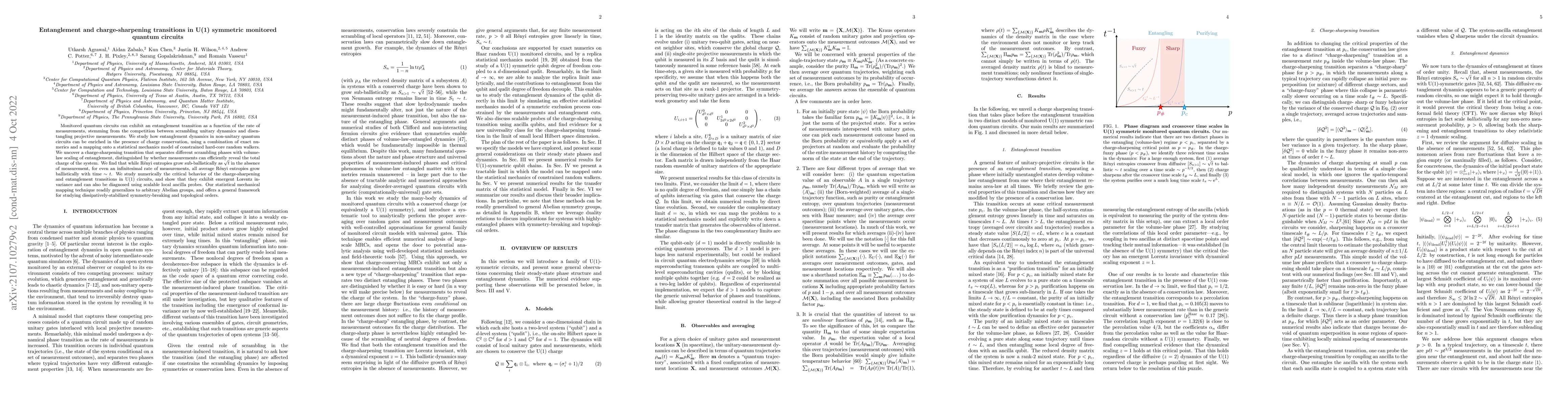 Thumbnail for Entanglement and charge-sharpening transitions in U(1) symmetric
  monitored quantum circuits