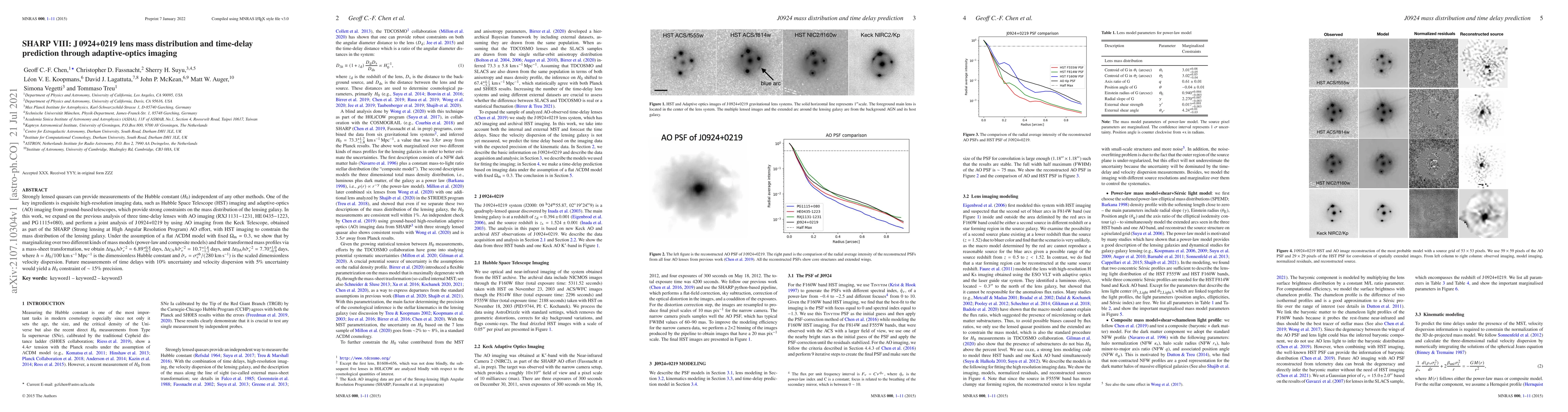 Thumbnail for SHARP VIII: J0924+0219 lens mass distribution and time-delay prediction
  through adaptive-optics imaging