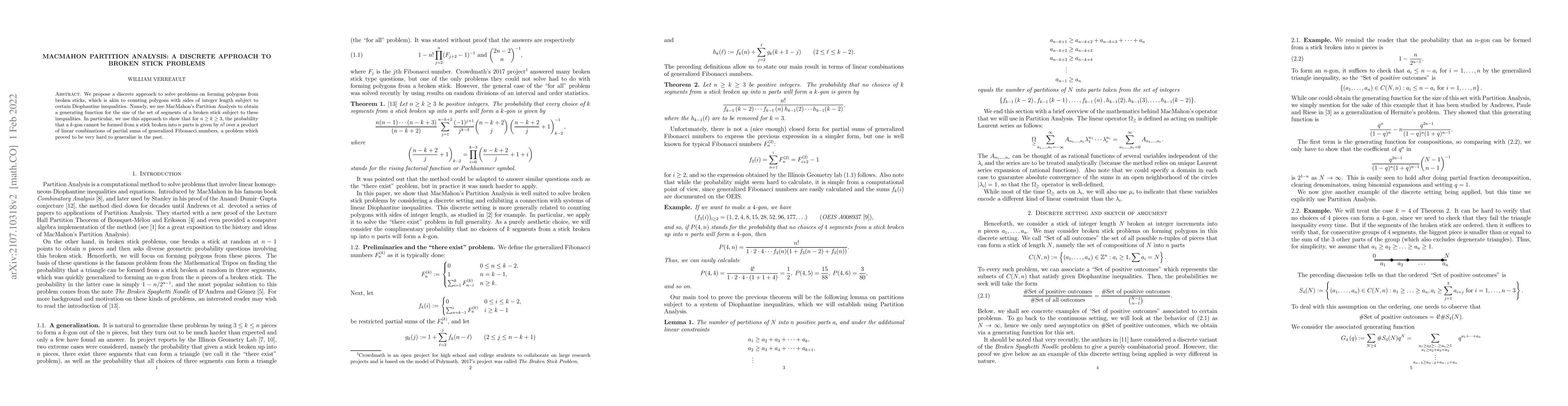 Thumbnail for MacMahon Partition Analysis: A discrete approach to broken stick
  problems
