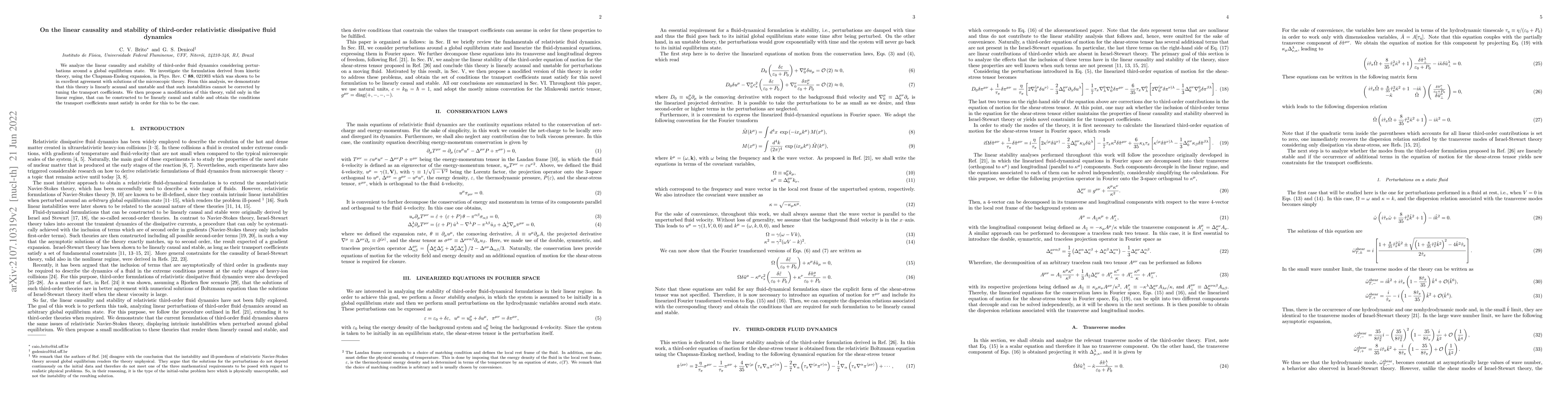 Thumbnail for On the linear causality and stability of third-order relativistic
  dissipative fluid dynamics