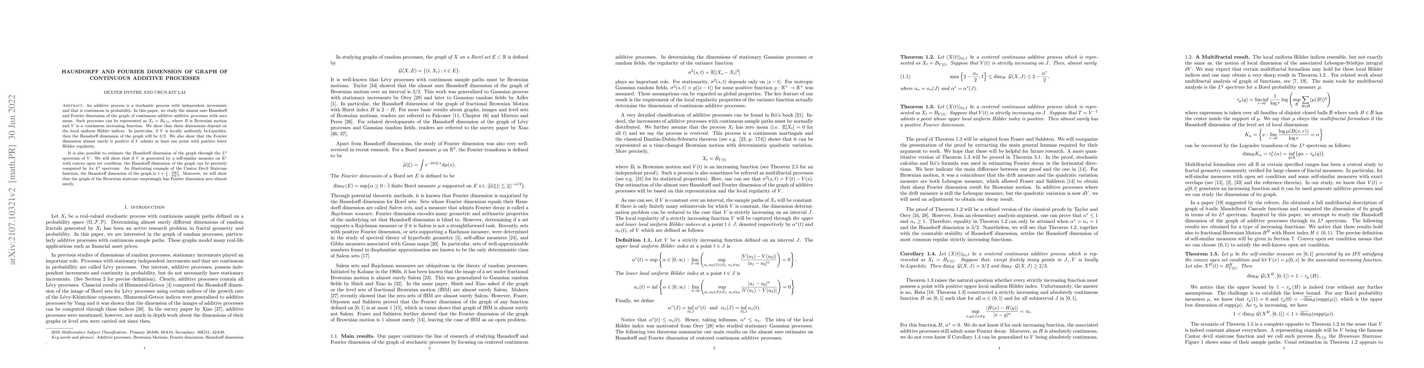 Thumbnail for Hausdorff and Fourier dimension of graph of continuous additive
  processes