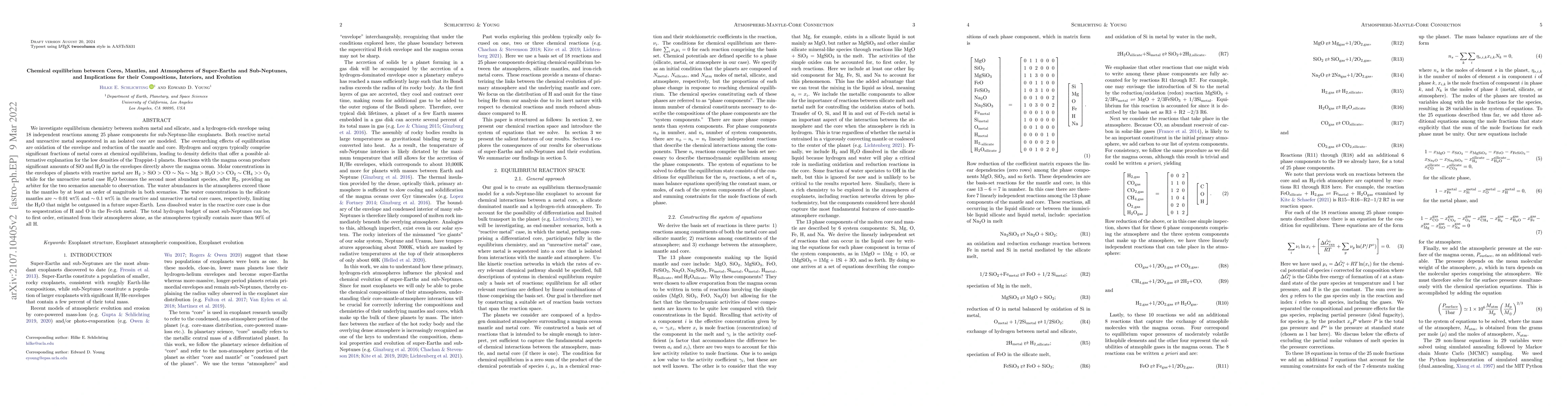 Thumbnail for Chemical equilibrium between Cores, Mantles, and Atmospheres of
  Super-Earths and Sub-Neptunes, and Implications for their Compositions,
  Interiors and Evolution