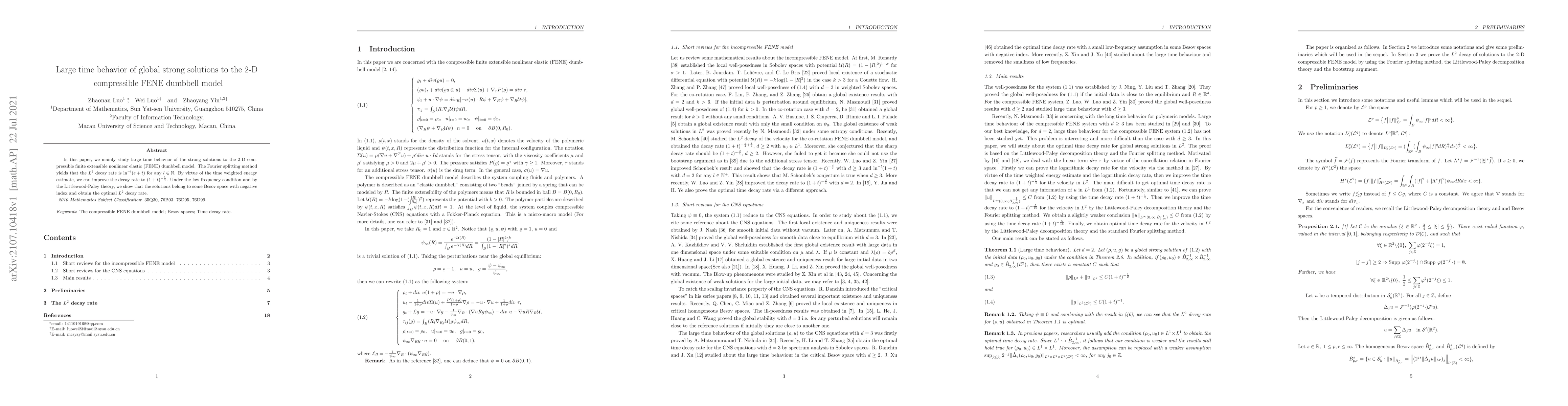 Thumbnail for Large time behavior of global strong solutions to the 2-D compressible
  FENE dumbbell model