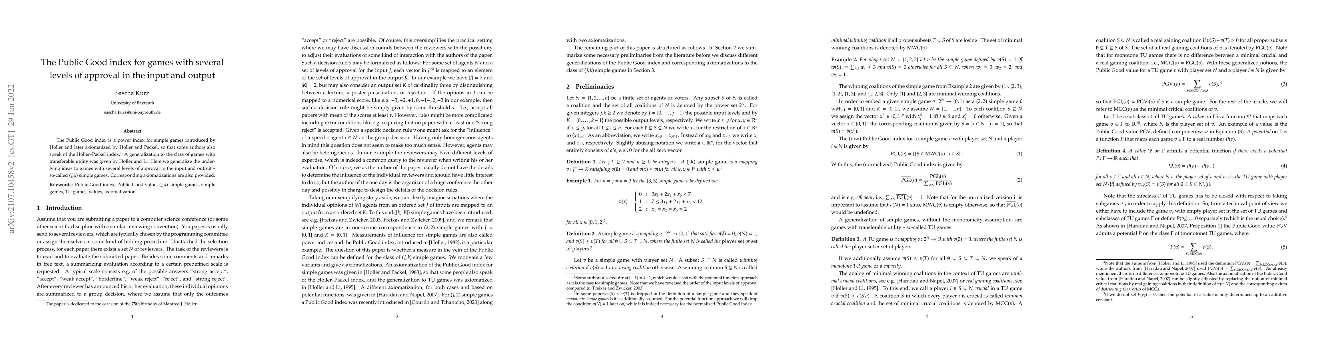 Thumbnail for The Public Good index for games with several levels of approval in the
  input and output
