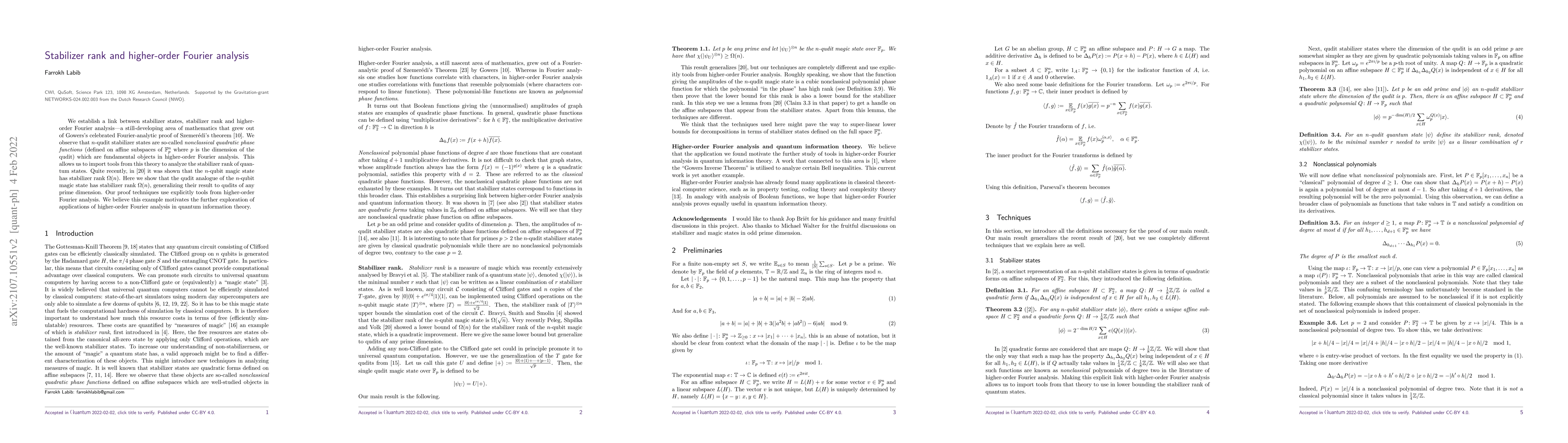 Thumbnail for Stabilizer rank and higher-order Fourier analysis