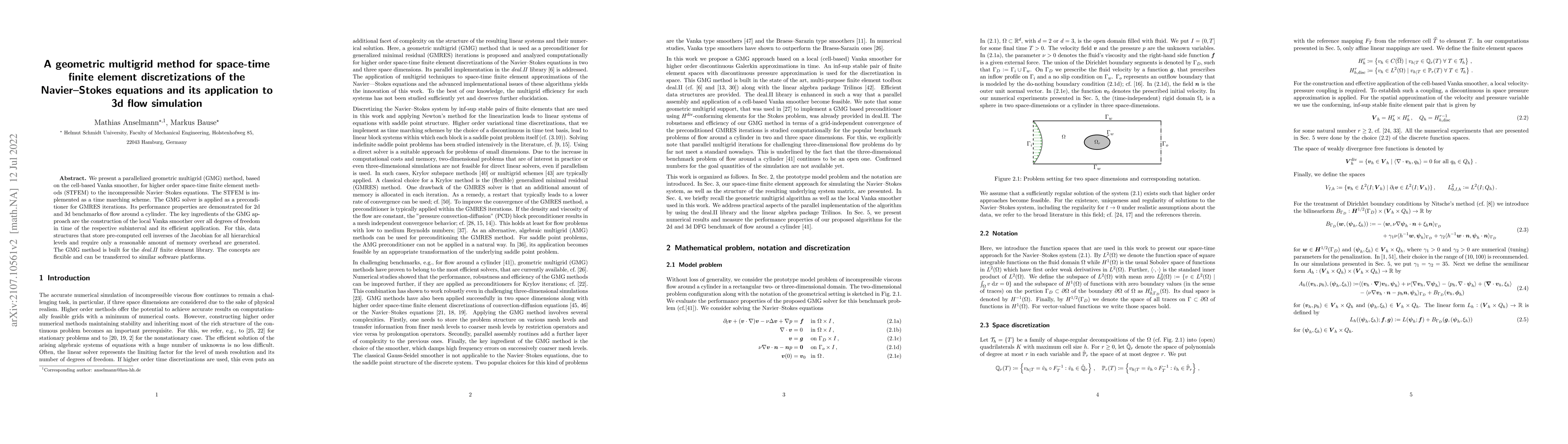 Thumbnail for A geometric multigrid method for space-time finite element
  discretizations of the Navier-Stokes equations and its application to 3d flow
  simulation