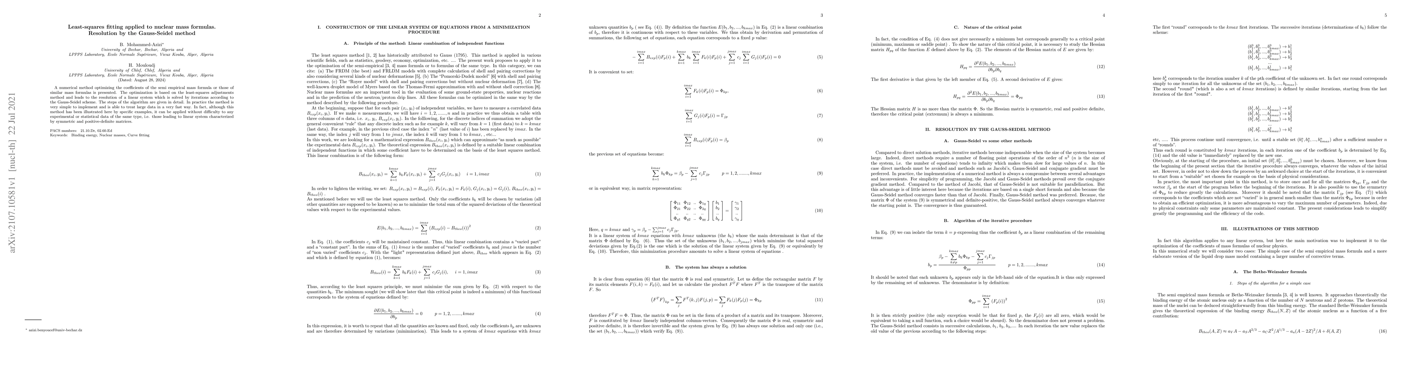 Thumbnail for Least-squares fitting applied to nuclear mass formulas. Resolution by
  the Gauss-Seidel method