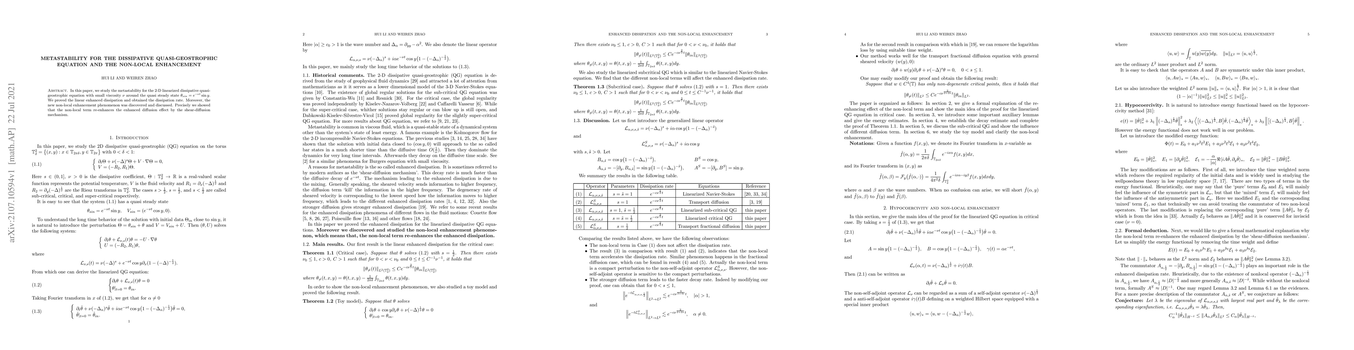 Thumbnail for Metastability for the dissipative quasi-geostrophic equation and the
  non-local enhancement