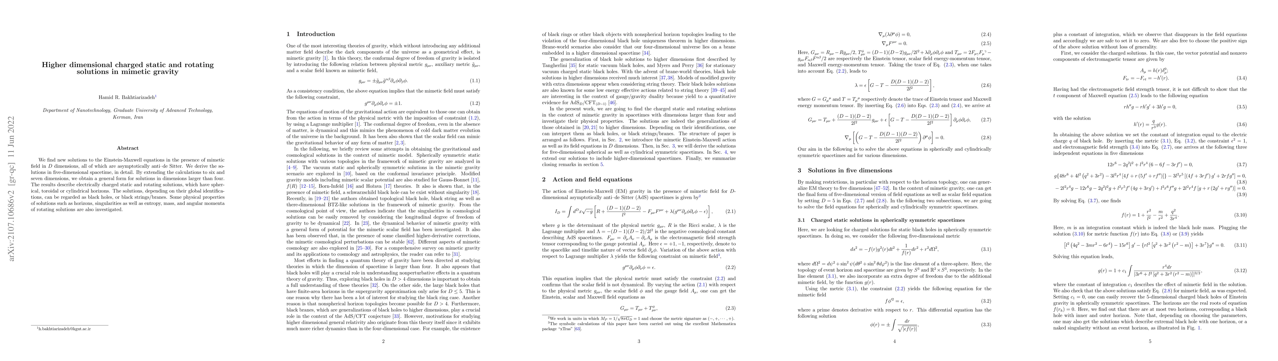 Thumbnail for Higher dimensional charged static and rotating solutions in mimetic
  gravity