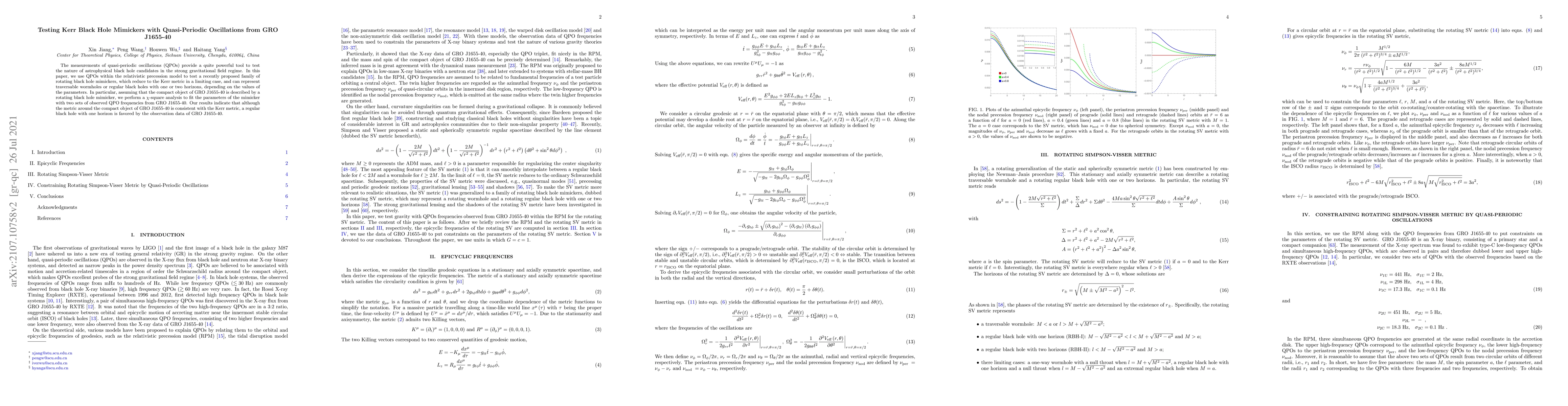 Thumbnail for Testing Kerr Black Hole Mimickers with Quasi-Periodic Oscillations from
  GRO J1655-40