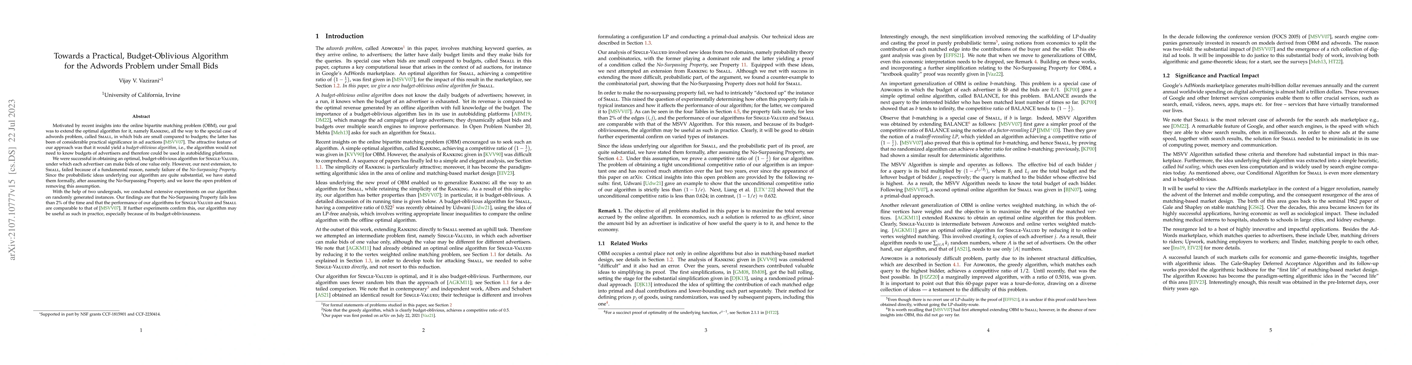 Thumbnail for Towards a Practical, Budget-Oblivious Algorithm for the Adwords Problem
  under Small Bids