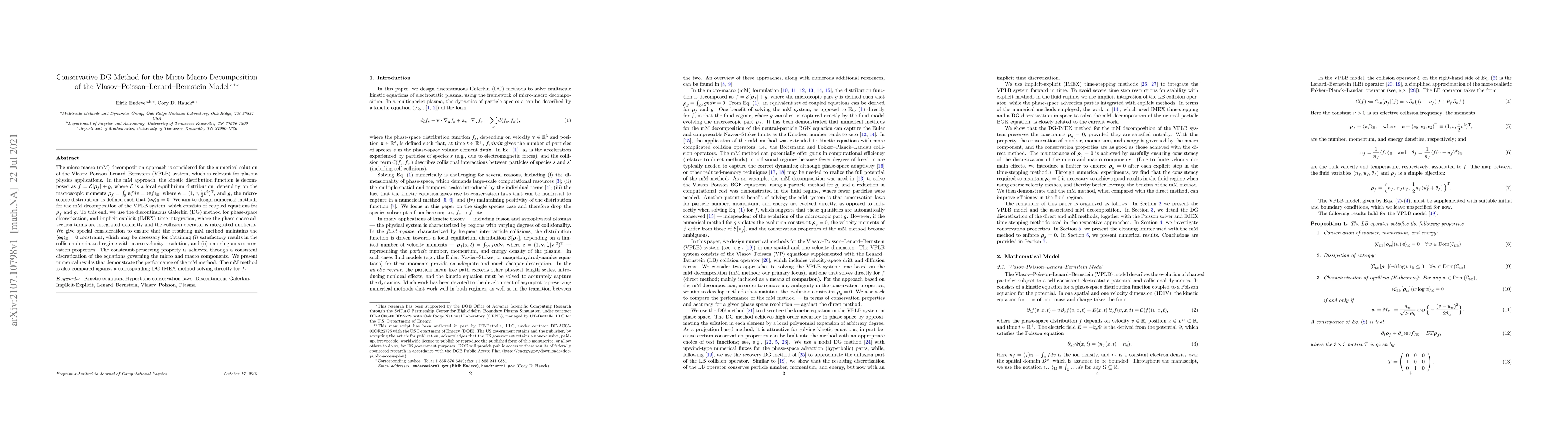 Thumbnail for Conservative DG Method for the Micro-Macro Decomposition of the
  Vlasov-Poisson-Lenard-Bernstein Model