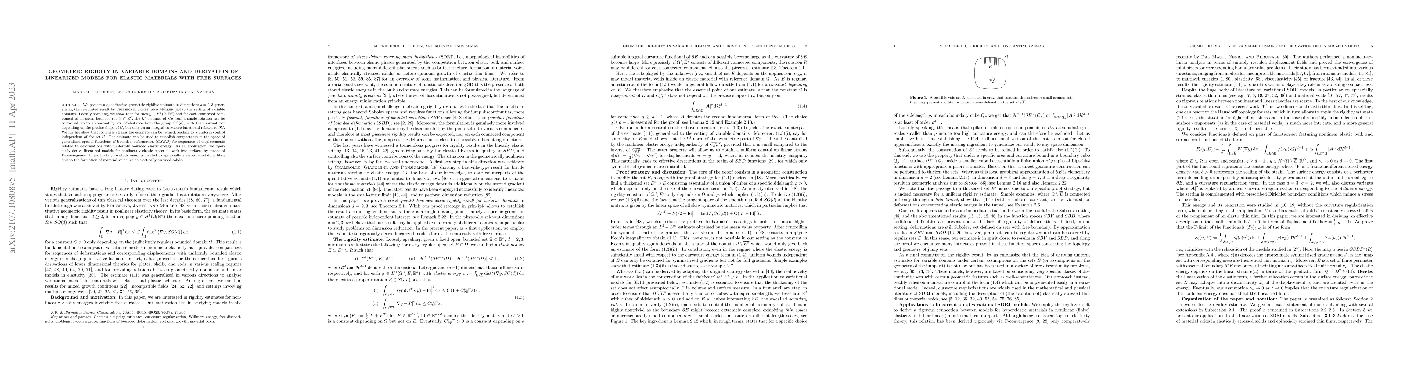 Thumbnail for Geometric rigidity in variable domains and derivation of linearized
  models for elastic materials with free surfaces