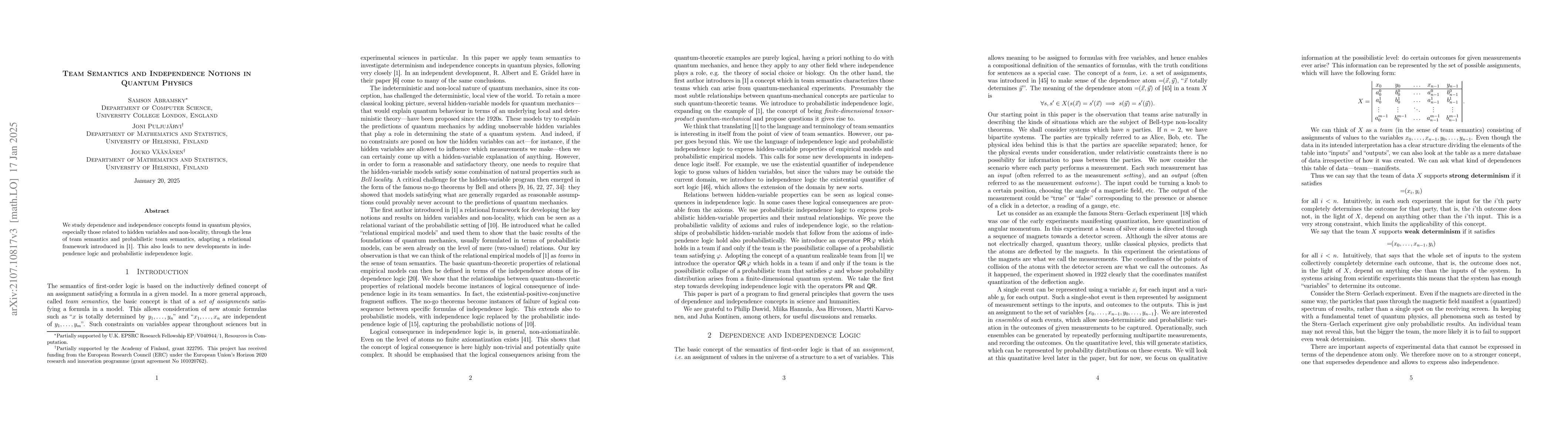Thumbnail for Team Semantics and Independence Notions in Quantum Physics