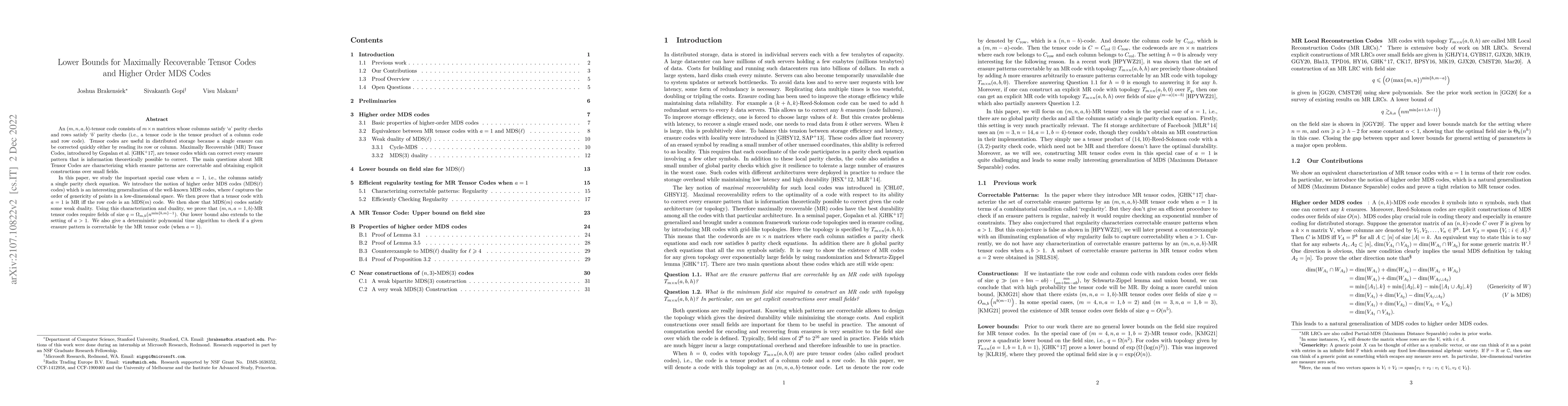 Thumbnail for Lower Bounds for Maximally Recoverable Tensor Code and Higher Order MDS
  Codes