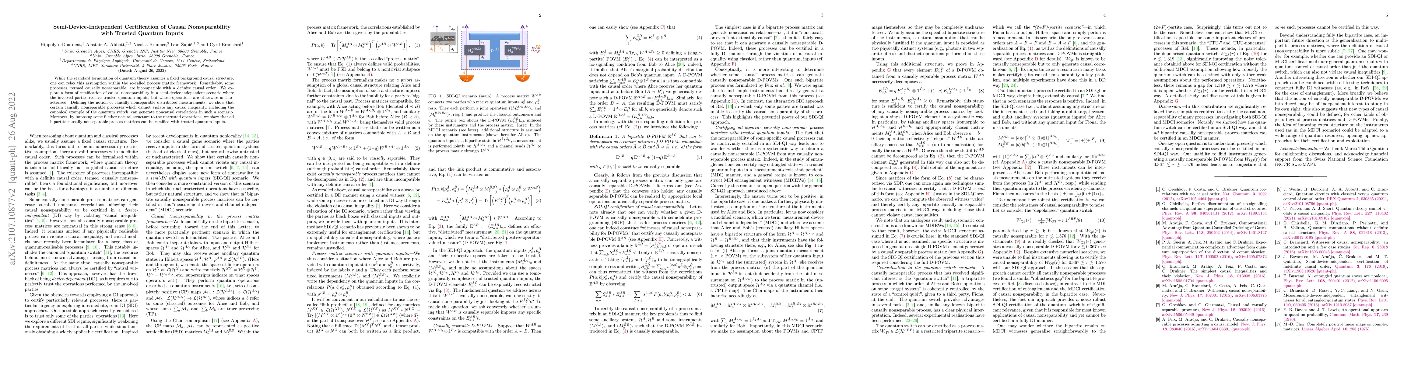 Thumbnail for Semi-Device-Independent Certification of Causal Nonseparability with
  Trusted Quantum Inputs