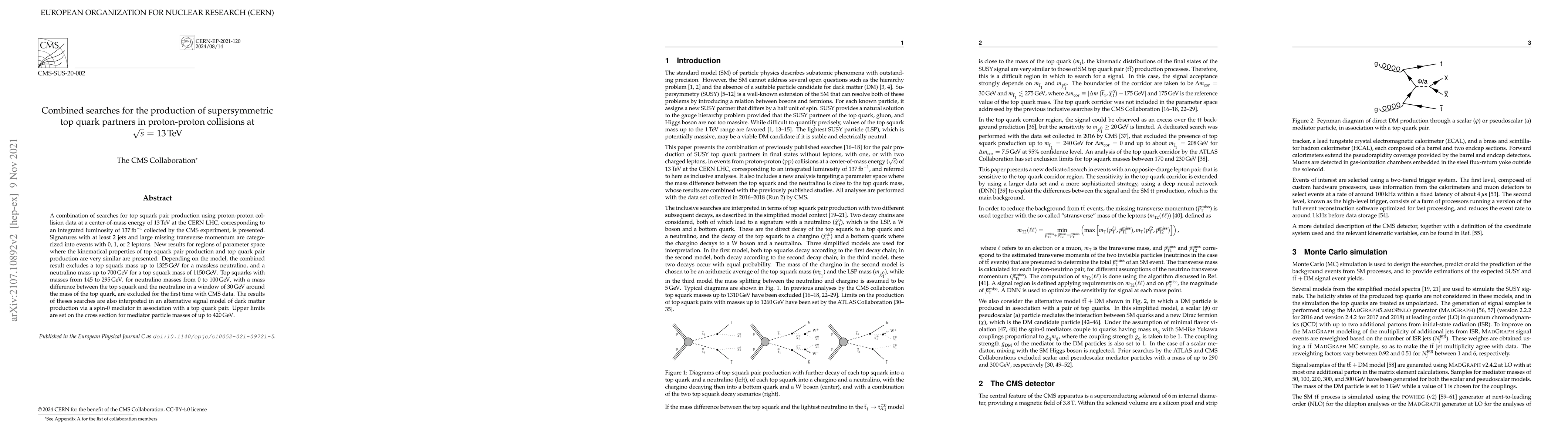 Thumbnail for Combined searches for the production of supersymmetric top quark
  partners in proton-proton collisions at $\sqrt{s} =$ 13 TeV