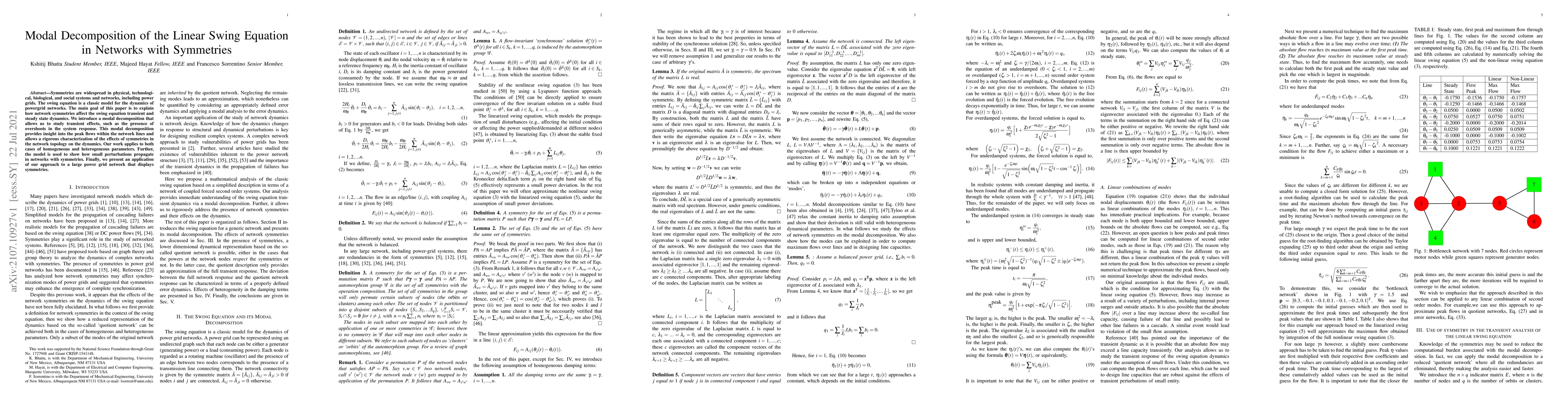 Thumbnail for Modal Decomposition of the Linear Swing Equation in Networks with
  Symmetries