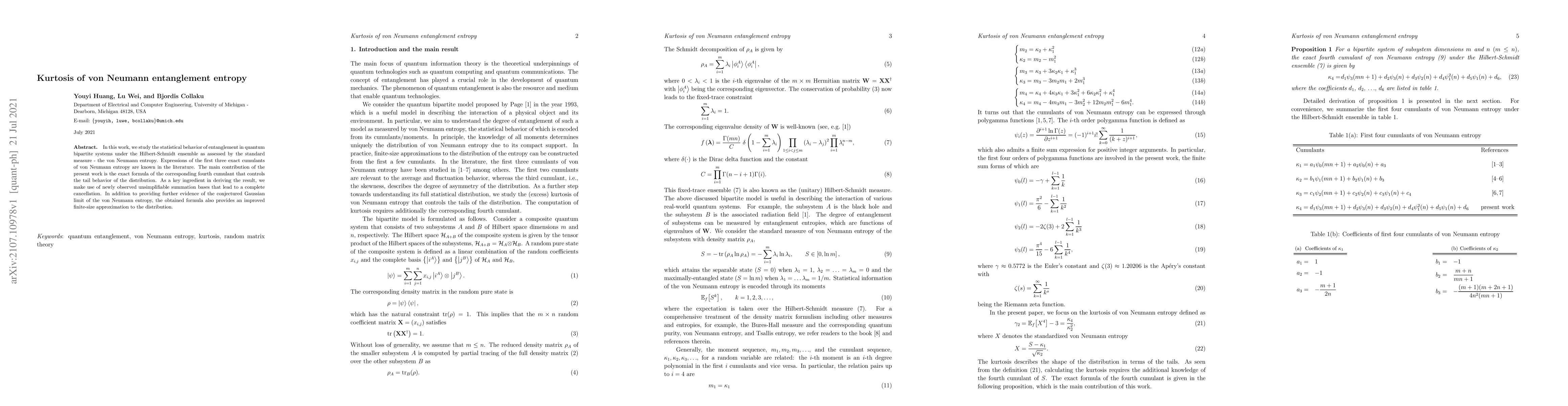 Thumbnail for Kurtosis of von Neumann entanglement entropy
