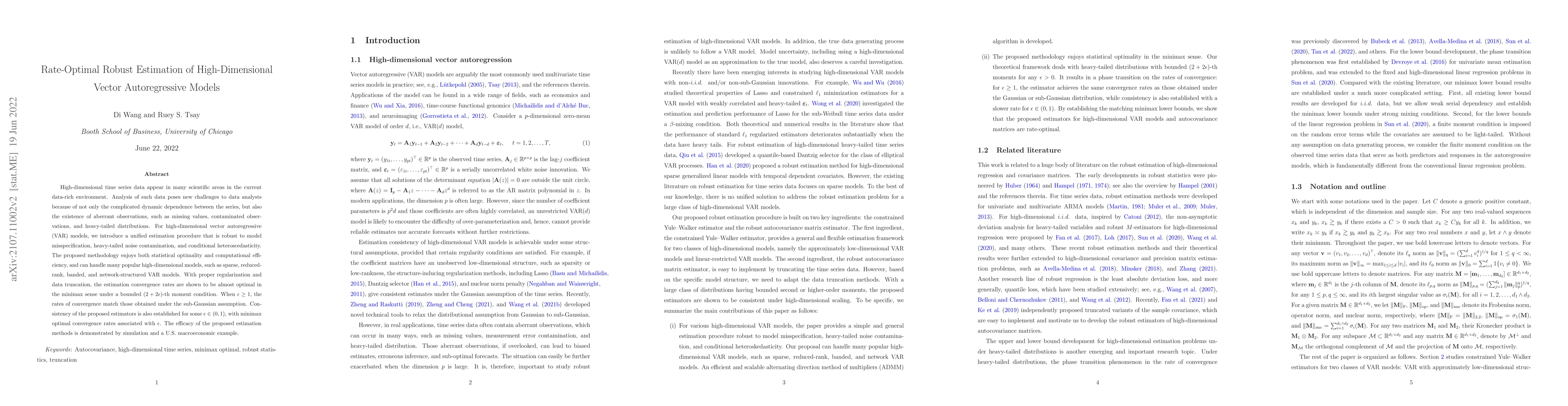 Thumbnail for Rate-Optimal Robust Estimation of High-Dimensional Vector Autoregressive
  Models