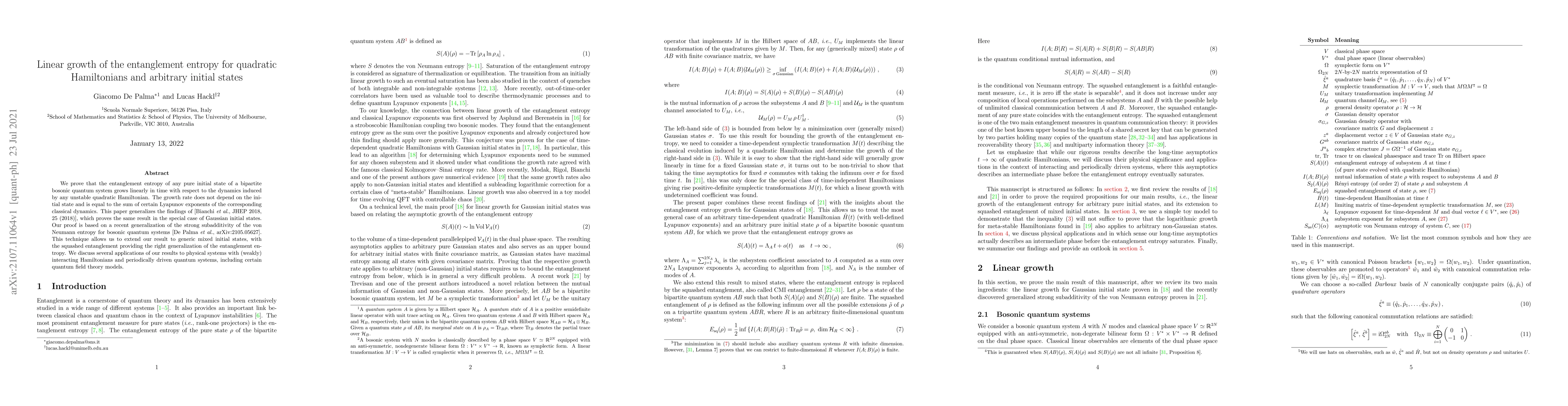 Thumbnail for Linear growth of the entanglement entropy for quadratic Hamiltonians and
  arbitrary initial states