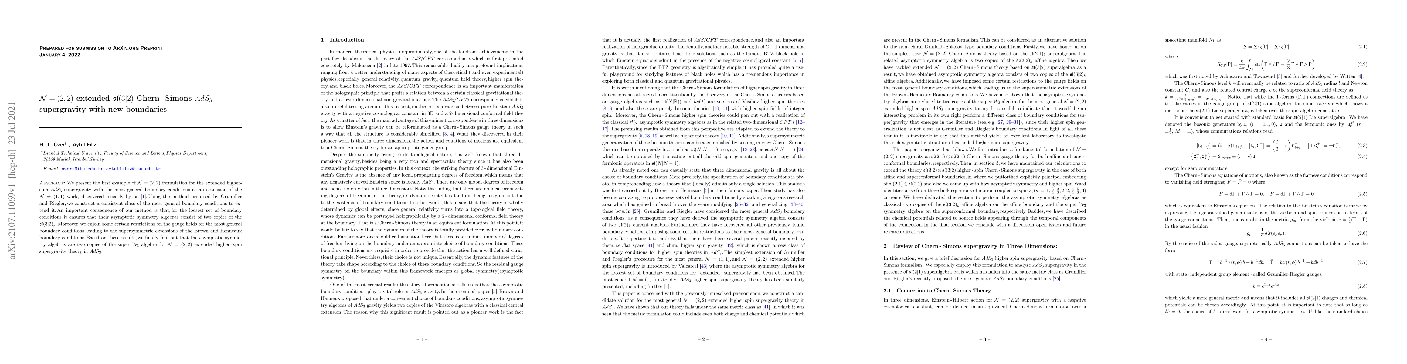 Thumbnail for $\mathcal{N} = (2,2)$ extended $\mathfrak{sl}(3|2)$ Chern-Simons $AdS_3$
  supergravity with new boundaries