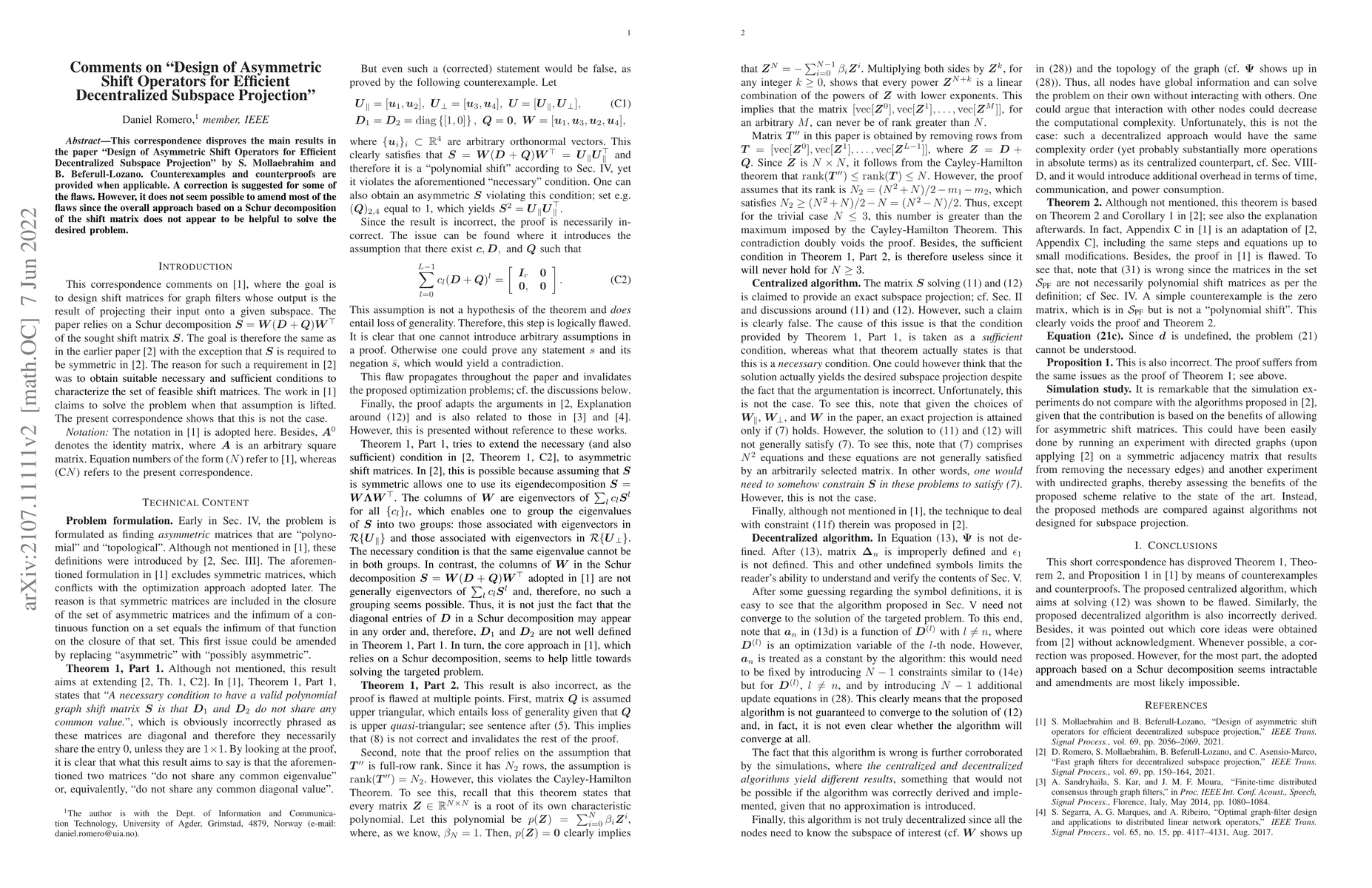 Thumbnail for Comments on "Design of Asymmetric Shift Operators for Efficient
  Decentralized Subspace Projection"