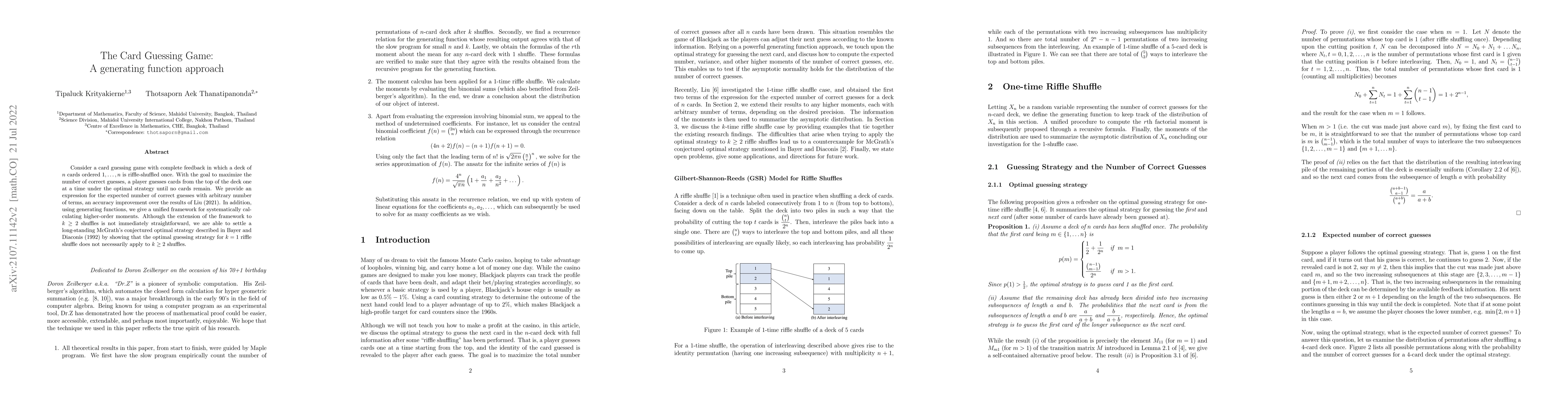Thumbnail for The Card Guessing Game: A generating function approach