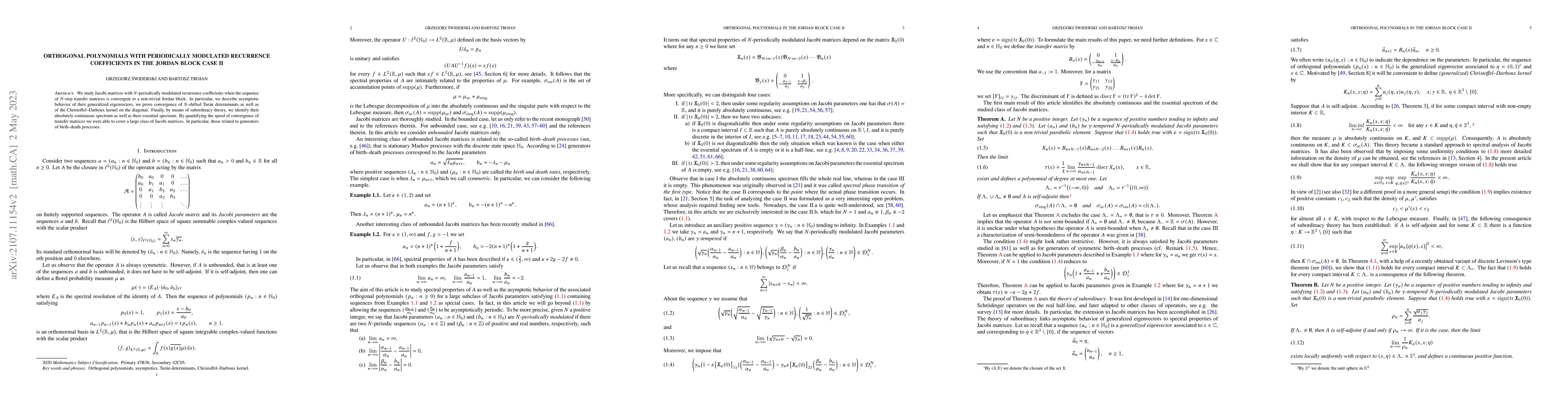 Thumbnail for Orthogonal polynomials with periodically modulated recurrence
  coefficients in the Jordan block case II