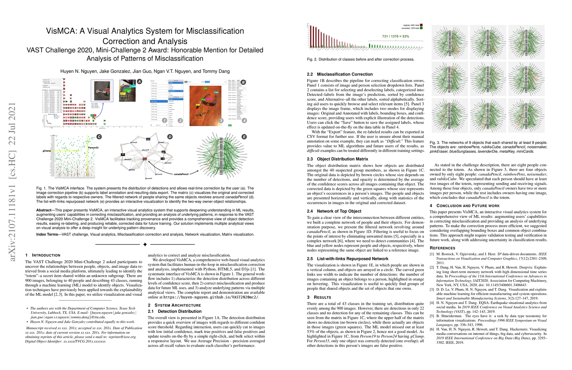 Thumbnail for VisMCA: A Visual Analytics System for Misclassification Correction and
  Analysis. VAST Challenge 2020, Mini-Challenge 2 Award: Honorable Mention for
  Detailed Analysis of Patterns of Misclassification