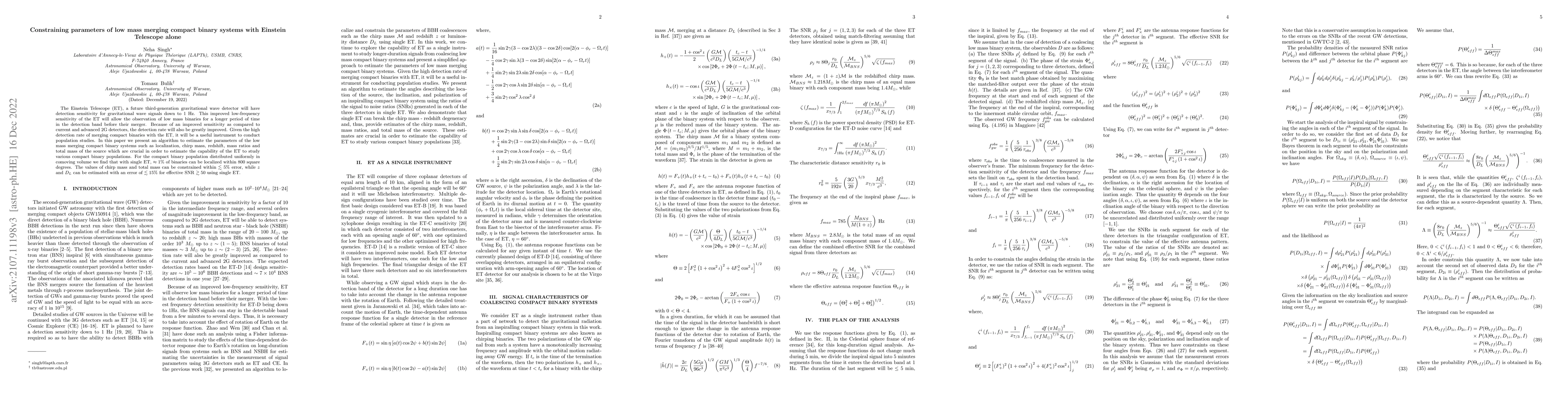 Thumbnail for Constraining parameters of low mass merging compact binary systems with
  Einstein Telescope alone