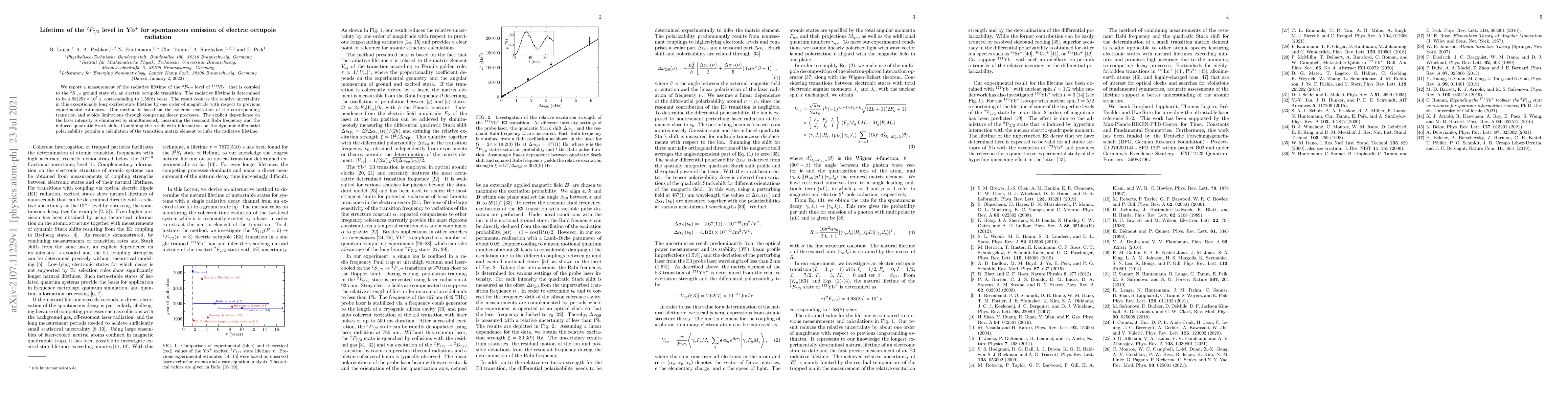 Thumbnail for Lifetime of the $^2F_{7/2}$ level in Yb$^+$ for spontaneous emission of
  electric octupole radiation