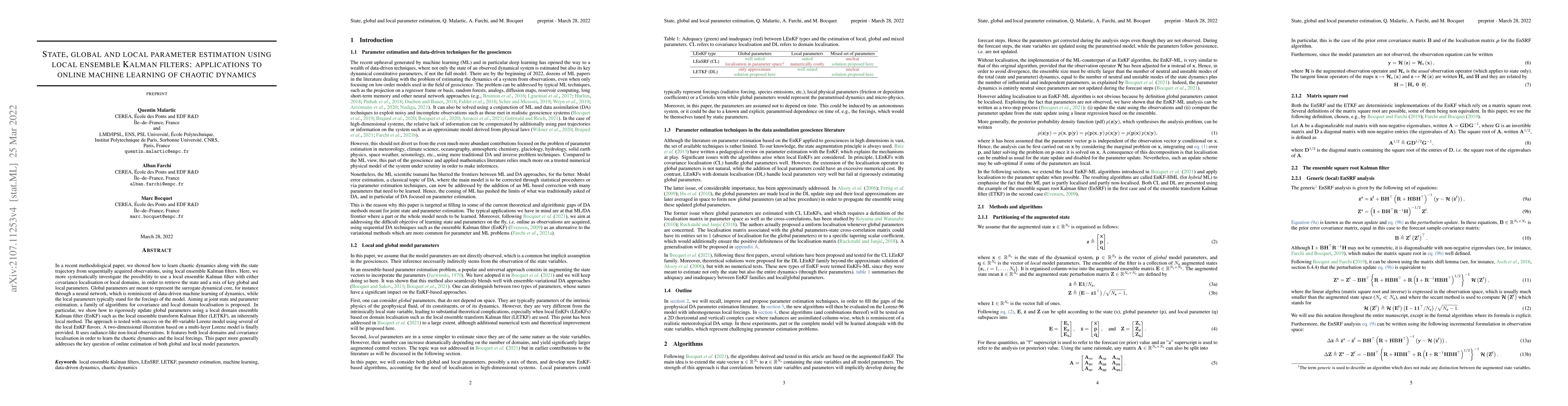 Thumbnail for State, global and local parameter estimation using local ensemble Kalman
  filters: applications to online machine learning of chaotic dynamics