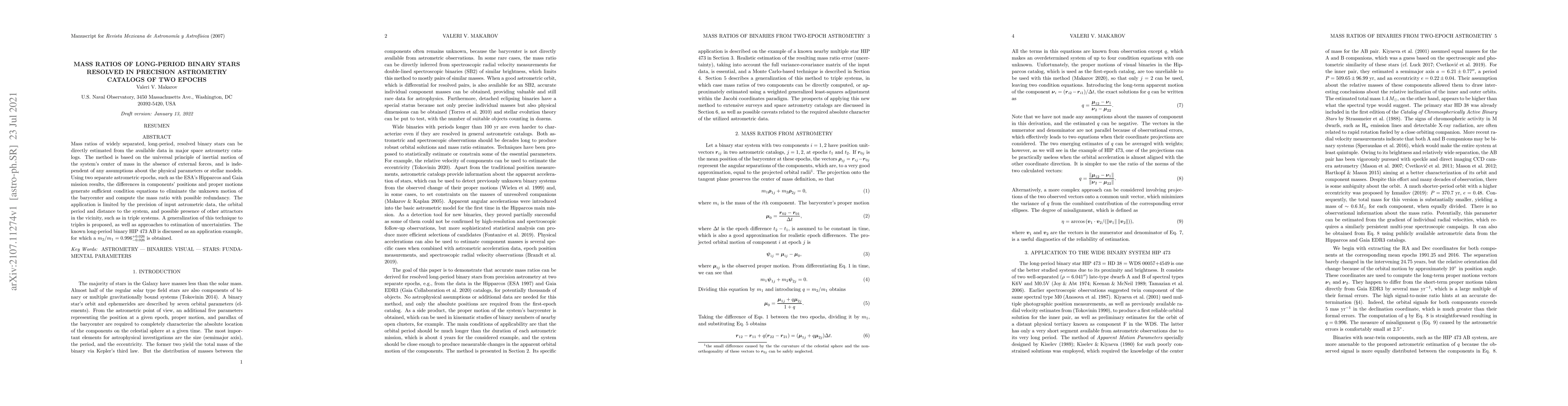 Thumbnail for Mass ratios of long-period binary stars resolved in precision astrometry
  catalogs of two epochs