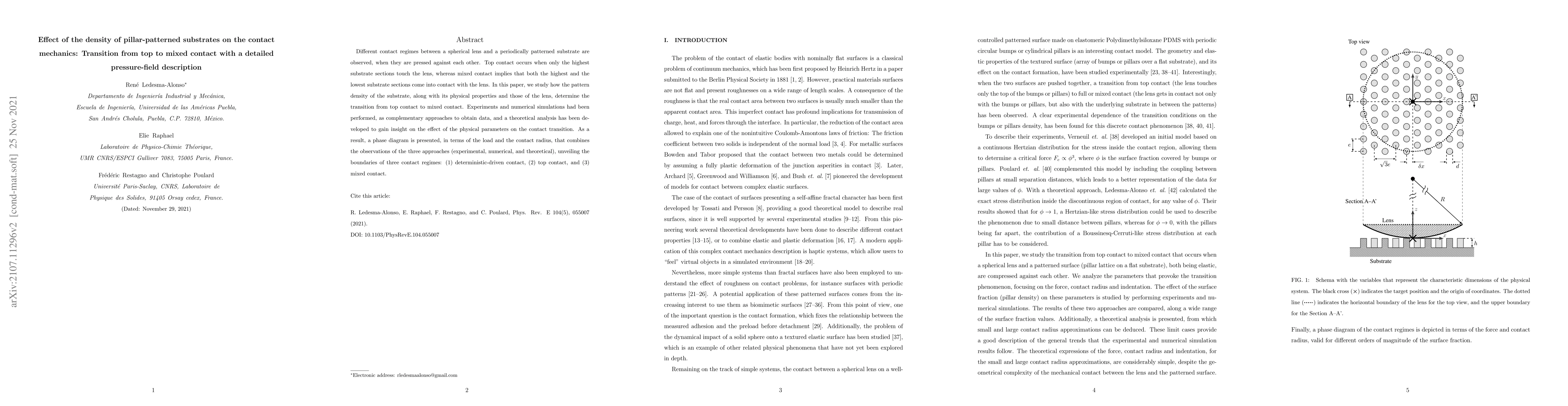Thumbnail for Effect of the density of pillar-patterned substrates on the contact
  mechanics: Transition from top to mixed contact with a detailed
  pressure-field description
