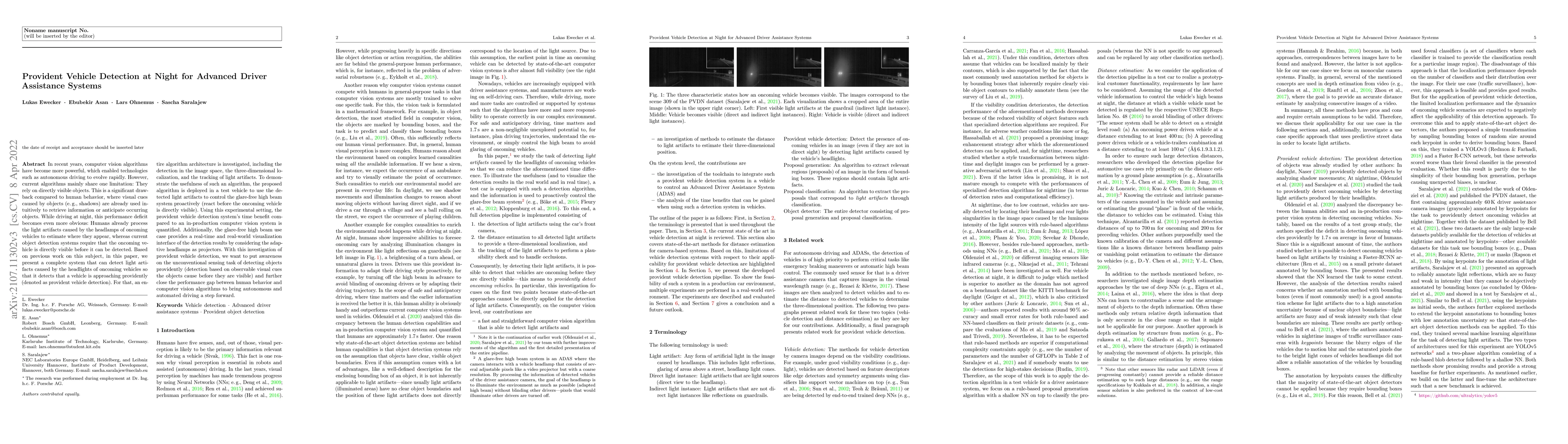 Thumbnail for Provident Vehicle Detection at Night for Advanced Driver Assistance
  Systems