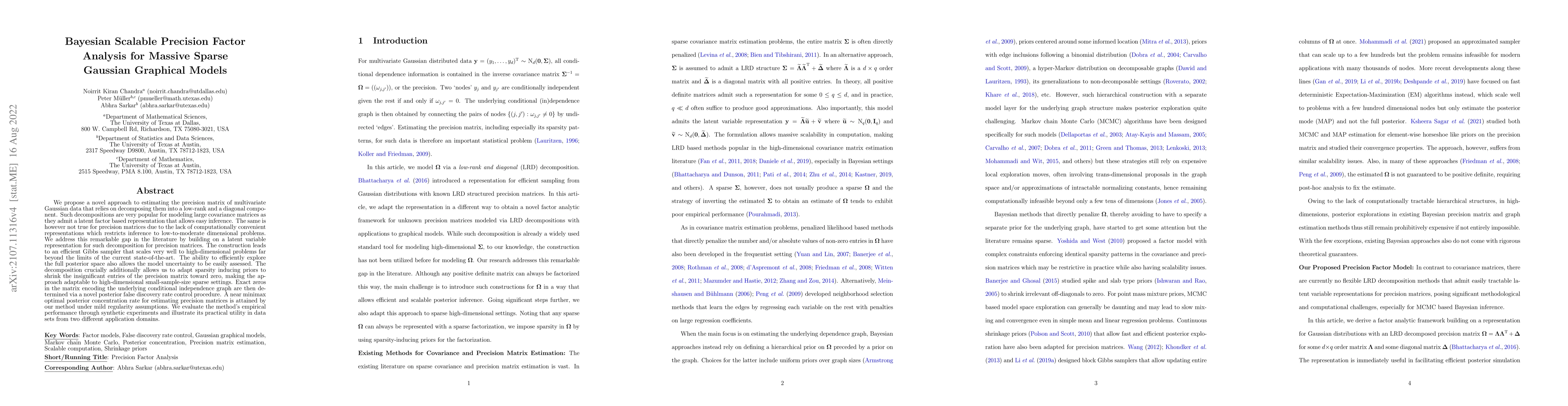 Thumbnail for Bayesian Scalable Precision Factor Analysis for Massive Sparse Gaussian
  Graphical Models