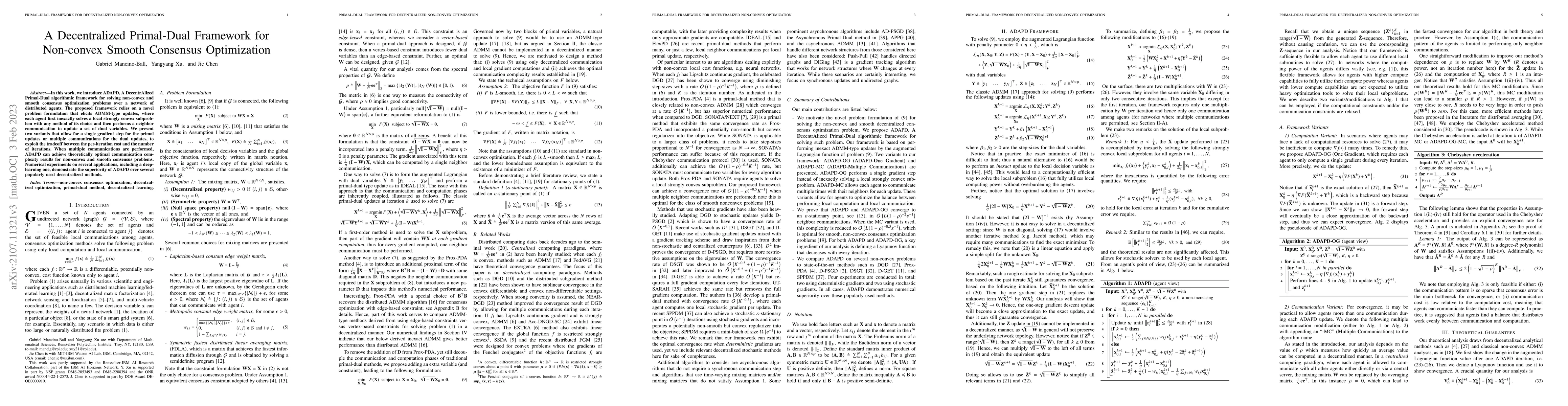 Thumbnail for A Decentralized Primal-Dual Framework for Non-convex Smooth Consensus
  Optimization