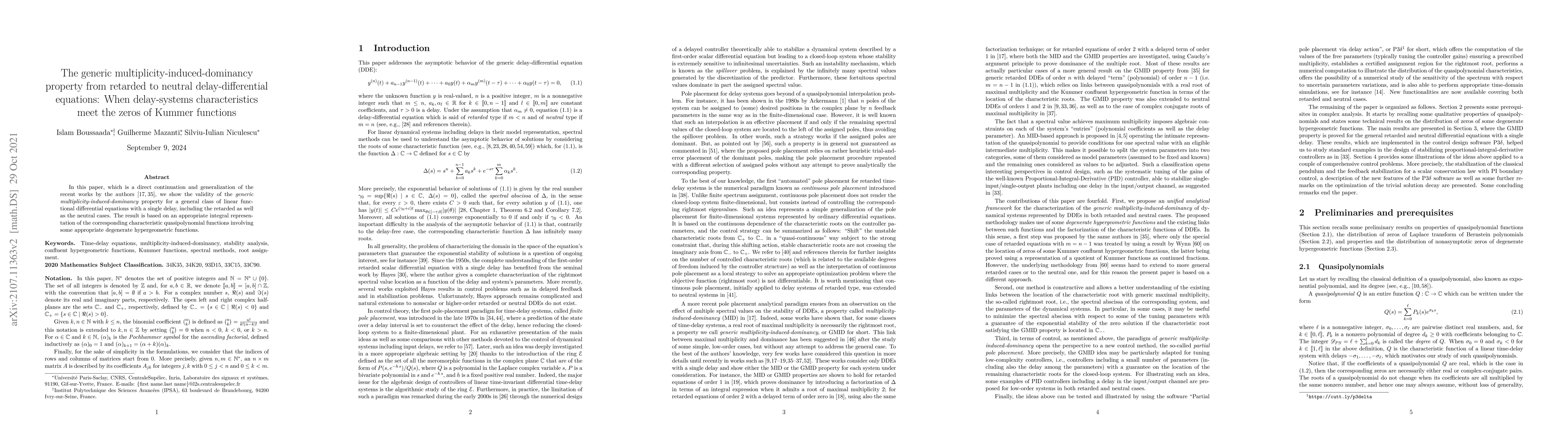 Thumbnail for The generic multiplicity-induced-dominancy property from retarded to
  neutral delay-differential equations: When delay-systems characteristics meet
  the zeros of Kummer functions