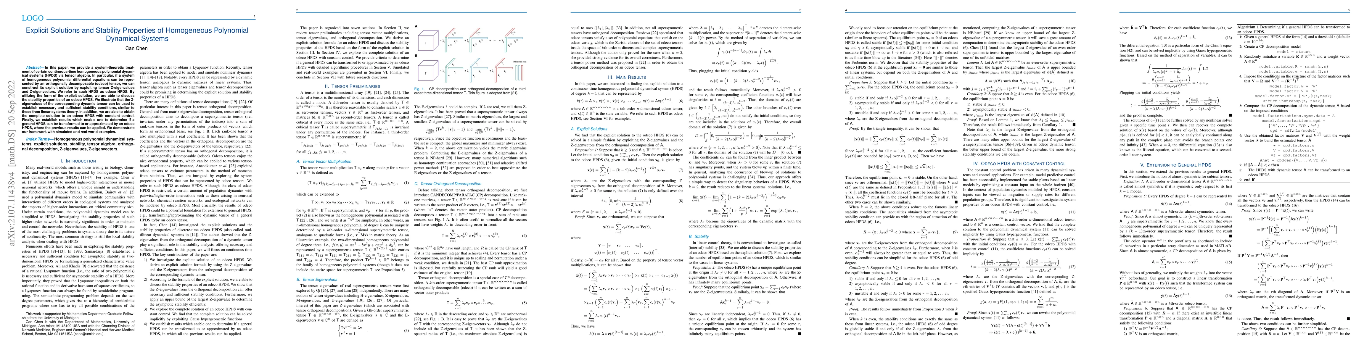 Thumbnail for Explicit Solutions and Stability Properties of Homogeneous Polynomial
  Dynamical Systems