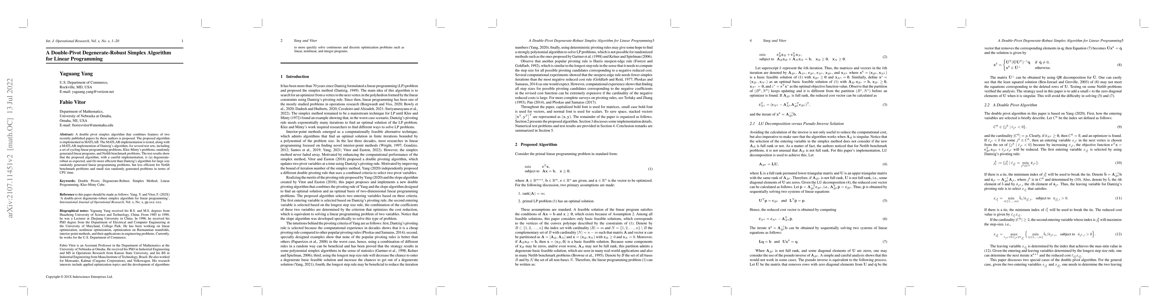 Thumbnail for A double-pivot degenerate-robust simplex algorithm for linear
  programming