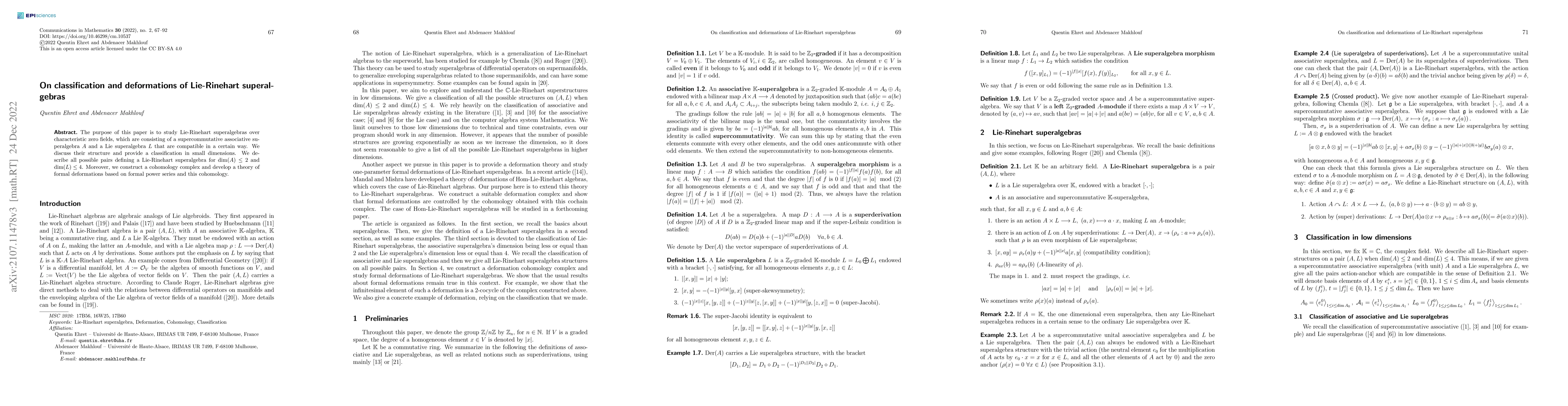 Thumbnail for On classification and deformations of Lie-Rinehart superalgebras